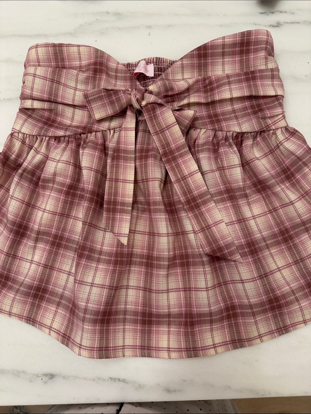 Pink Lily small pink plaid strapless top Like new